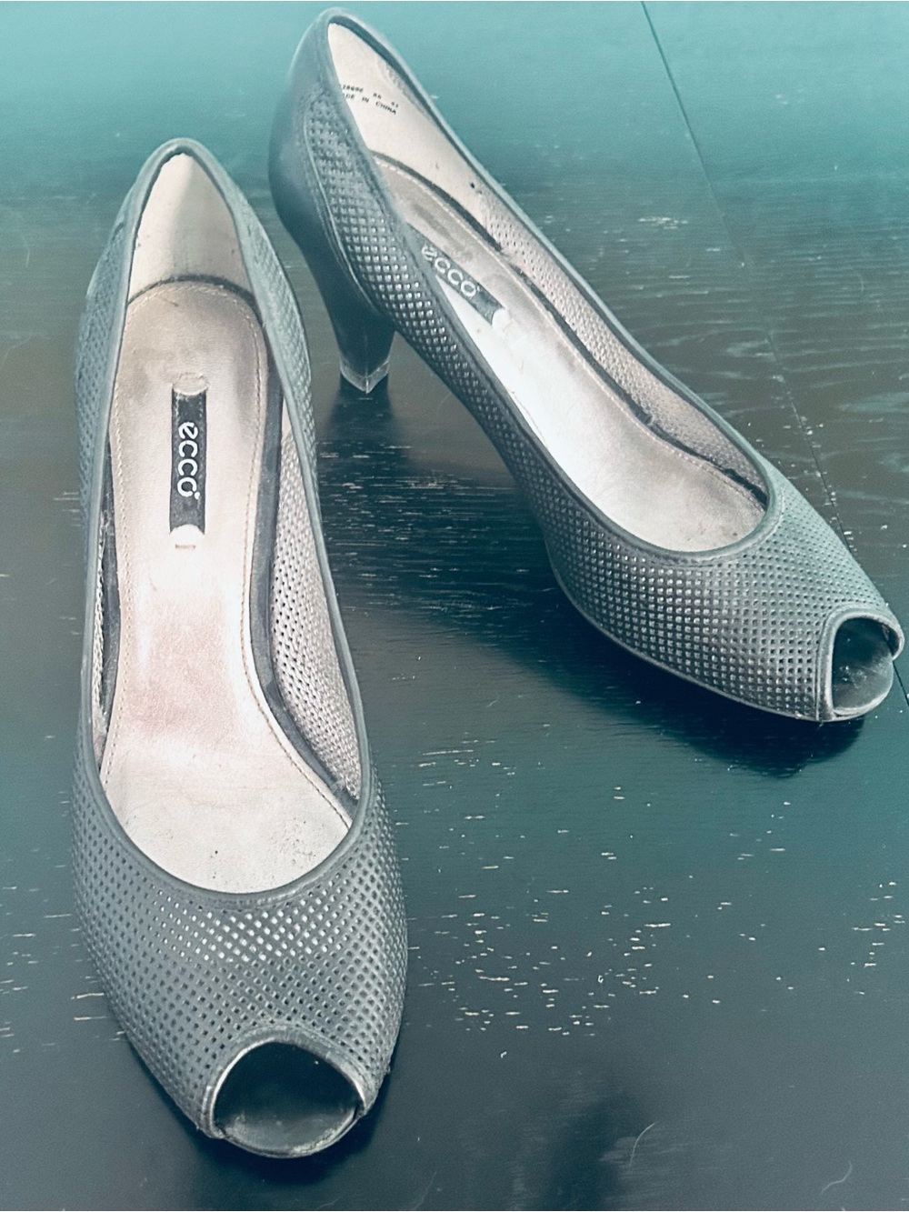 Ecco Womens Black Leather Peep Toe Mesh Pumps Stacked Heel EU 41 US 10